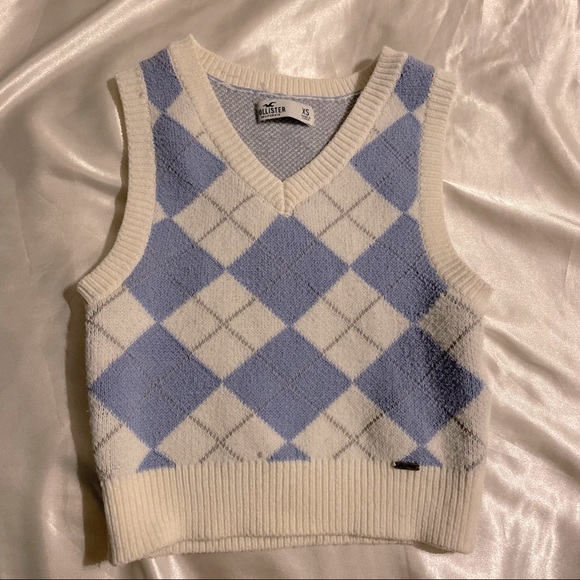Hollister size xs argyle sweater vest crop top light blue cream and gray - Picture 1 of 3